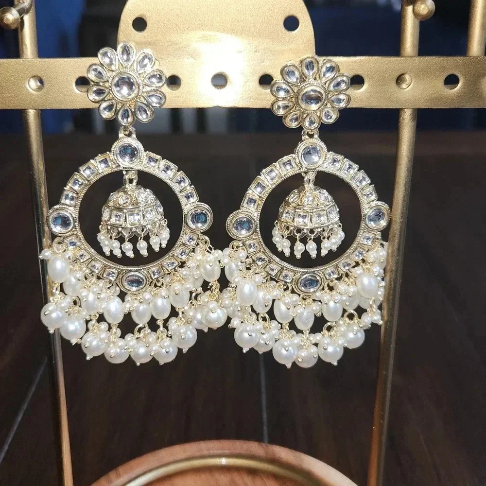 Bollywood Style White Kundan Earrings With Jhumka.